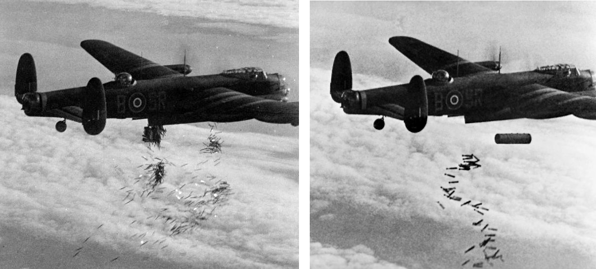 Un avión Lancaster arroja municiones sobre Alemania.