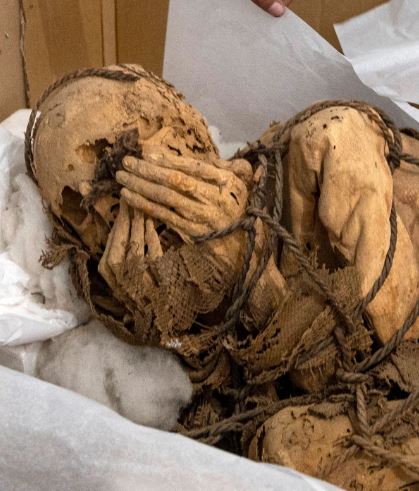 Detalle de sogas y las manos de la momia cubriendo su rostro.