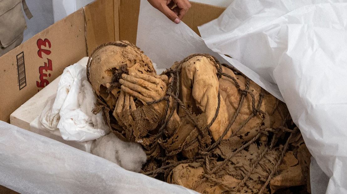La momia está atada con soga y sus manos cubren el rostro.
