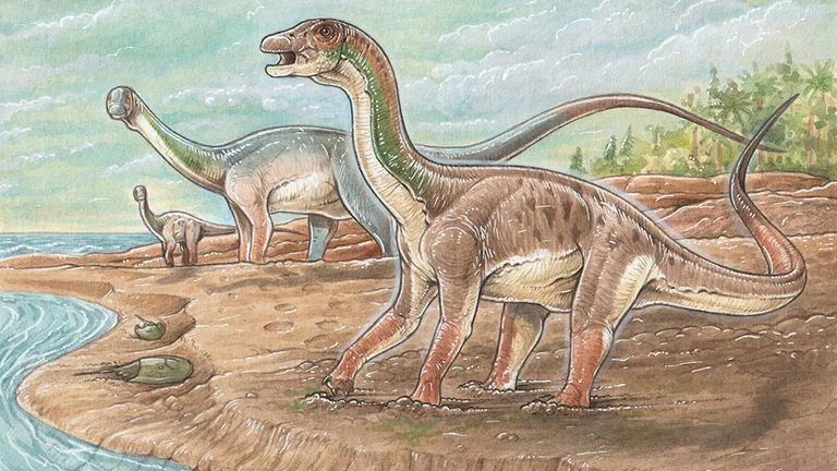Ilustración de un grupo de saurópodos.